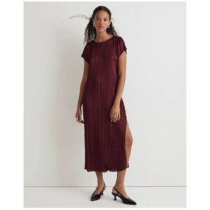 Madewell Short-Sleeve Slip Midi Dress in Plisse Mulberry Wine Size XXS